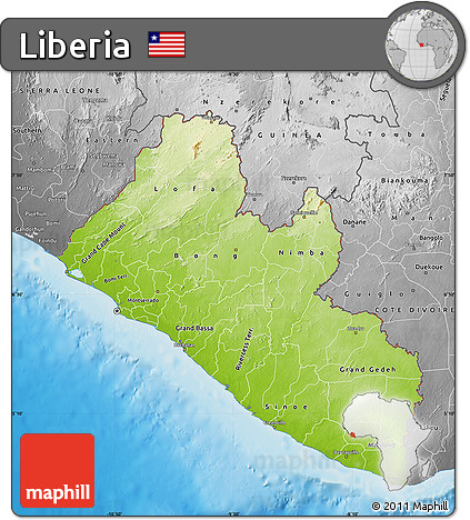 Physical Map of Liberia, desaturated, land only