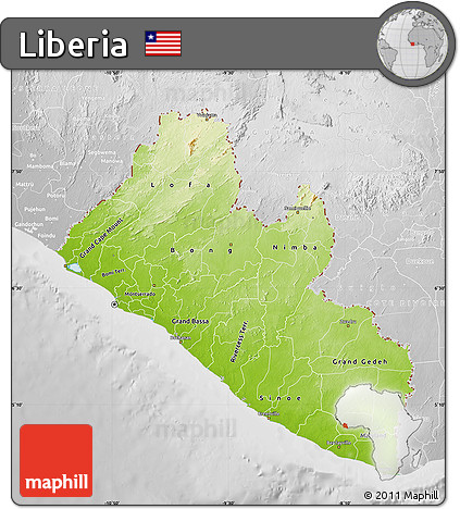 Physical Map of Liberia, lighten, desaturated