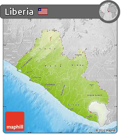 Physical Map of Liberia, lighten, desaturated, land only