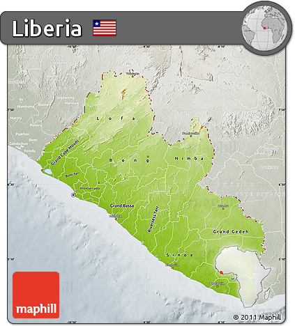 Physical Map of Liberia, lighten, semi-desaturated