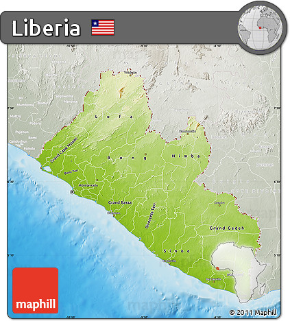 Physical Map of Liberia, lighten, semi-desaturated, land only