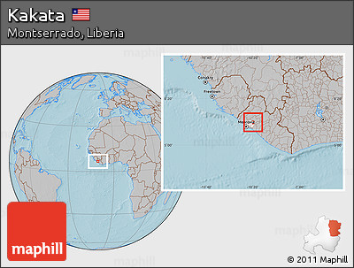 Gray Location Map of Kakata, highlighted parent region, hill shading