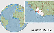 Savanna Style Location Map of Kakata, highlighted country, highlighted parent region, within the entire country, hill shading