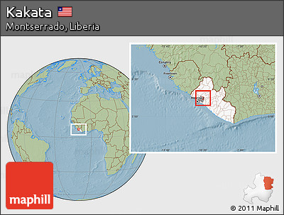 Savanna Style Location Map of Kakata, highlighted country, highlighted parent region, hill shading