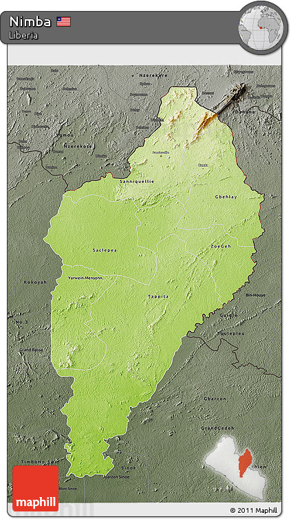 Physical 3D Map of Nimba, darken, semi-desaturated