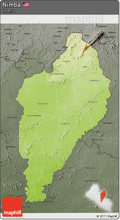 Physical 3D Map of Nimba, darken, semi-desaturated