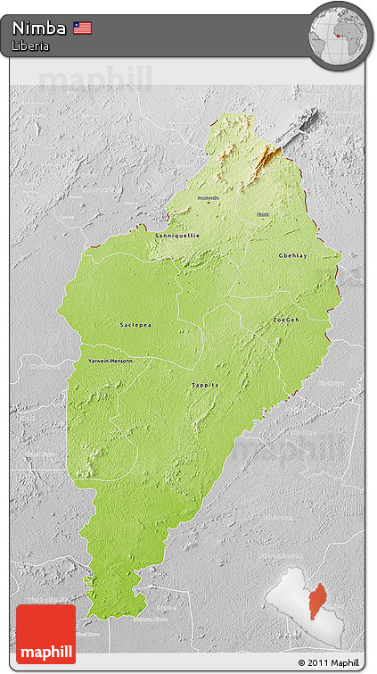 Physical 3D Map of Nimba, lighten, desaturated