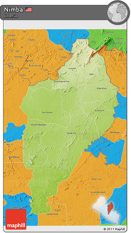 Physical 3D Map of Nimba, political outside