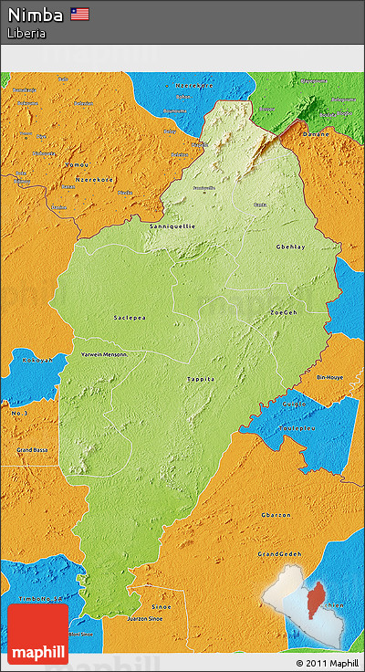 Physical 3D Map of Nimba, political outside
