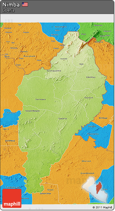 Physical 3D Map of Nimba, political outside