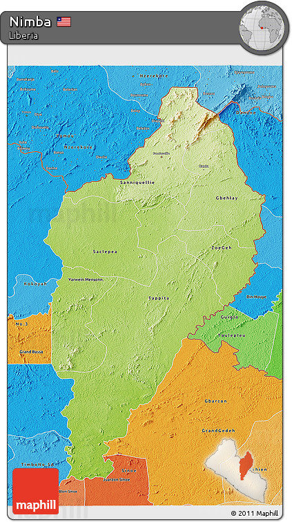 Physical 3D Map of Nimba, political shades outside