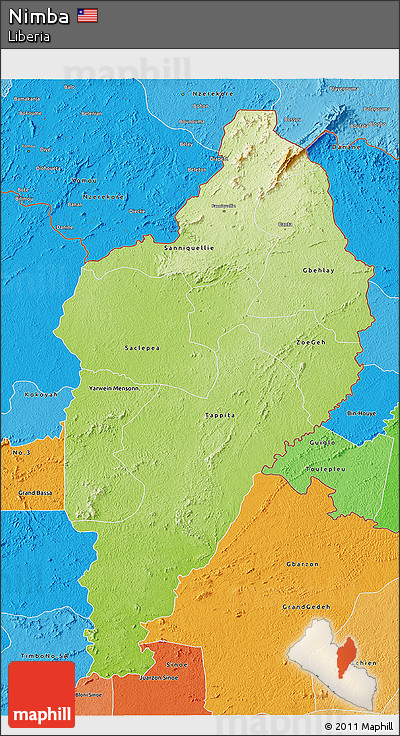 Physical 3D Map of Nimba, political shades outside