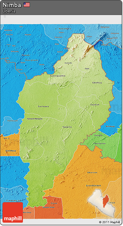 Physical 3D Map of Nimba, political shades outside