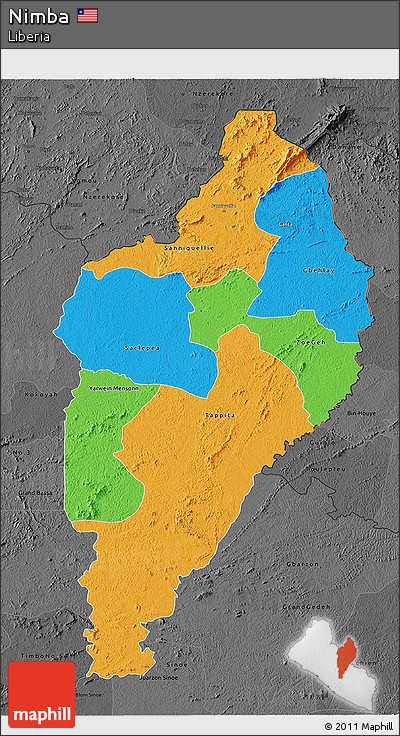 Political 3D Map of Nimba, darken, desaturated