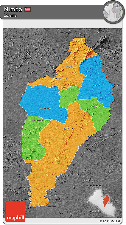 Political 3D Map of Nimba, darken, desaturated