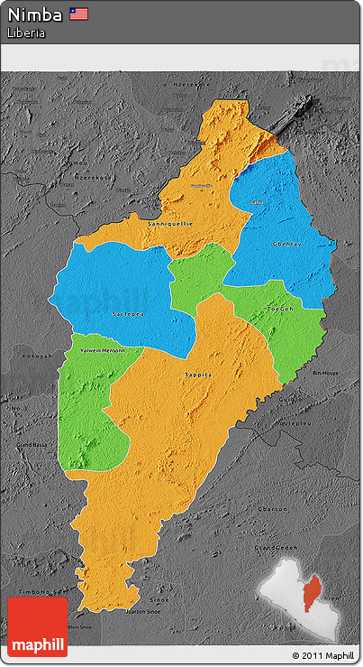 Political 3D Map of Nimba, darken, desaturated