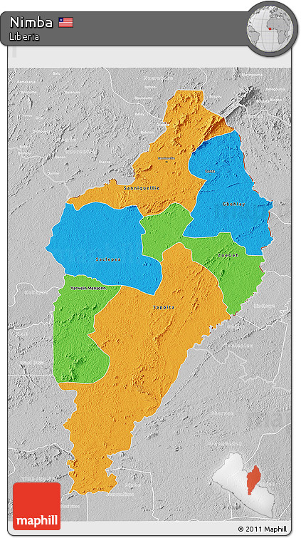 Political 3D Map of Nimba, lighten, desaturated