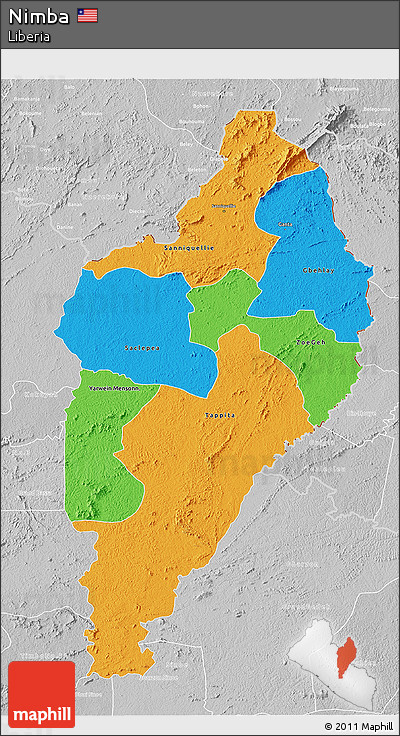 Political 3D Map of Nimba, lighten, desaturated