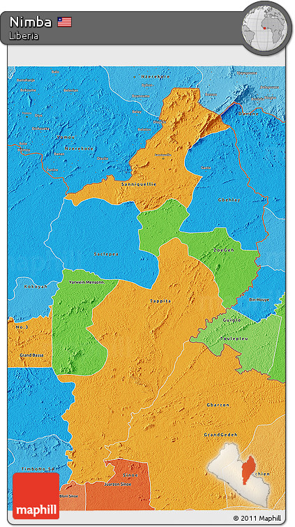 Political 3D Map of Nimba, political shades outside