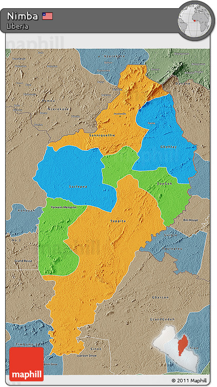 Political 3D Map of Nimba, semi-desaturated