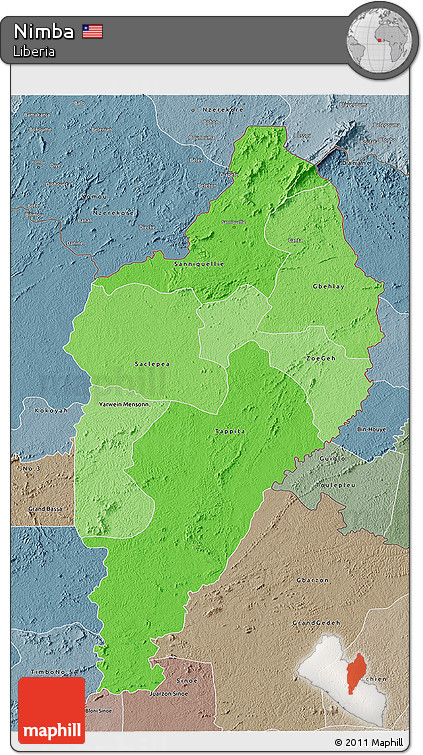 Political Shades 3D Map of Nimba, semi-desaturated