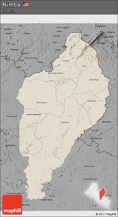 Shaded Relief 3D Map of Nimba, darken, desaturated