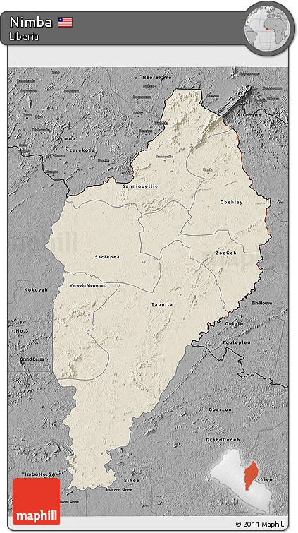 Shaded Relief 3D Map of Nimba, darken, desaturated