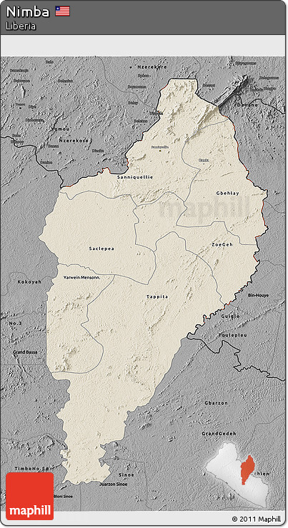 Shaded Relief 3D Map of Nimba, darken, desaturated