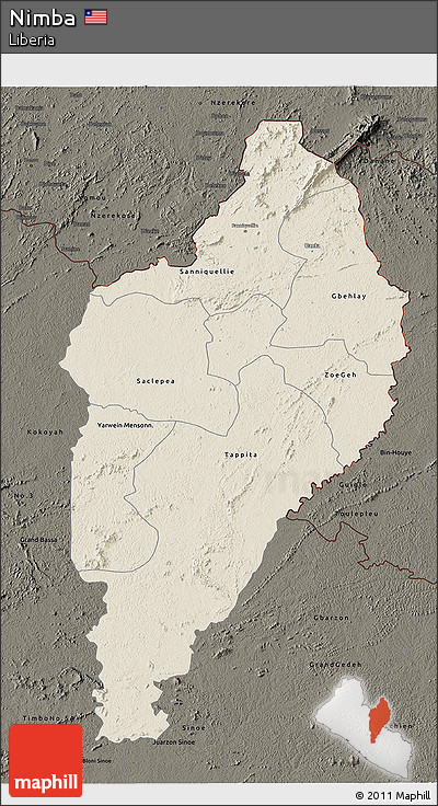 Shaded Relief 3D Map of Nimba, darken