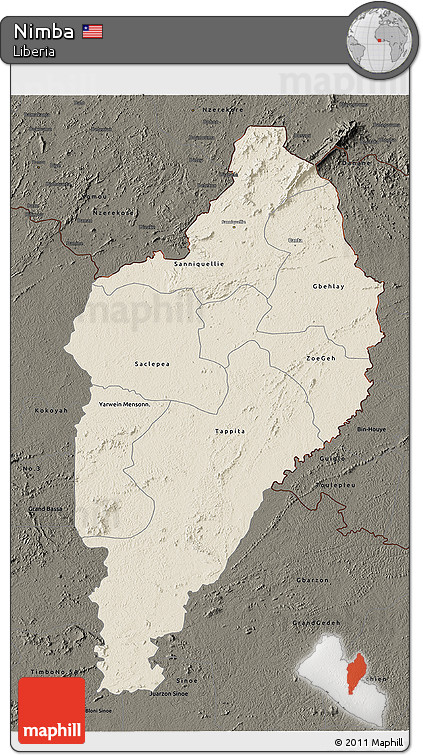 Shaded Relief 3D Map of Nimba, darken