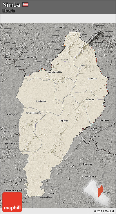 Shaded Relief 3D Map of Nimba, darken, semi-desaturated
