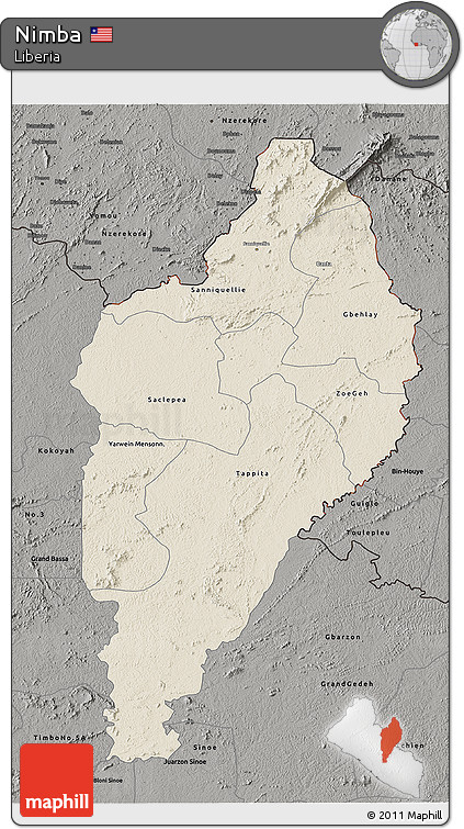 Shaded Relief 3D Map of Nimba, darken, semi-desaturated