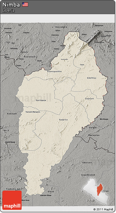 Shaded Relief 3D Map of Nimba, darken, semi-desaturated