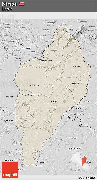 Shaded Relief 3D Map of Nimba, desaturated