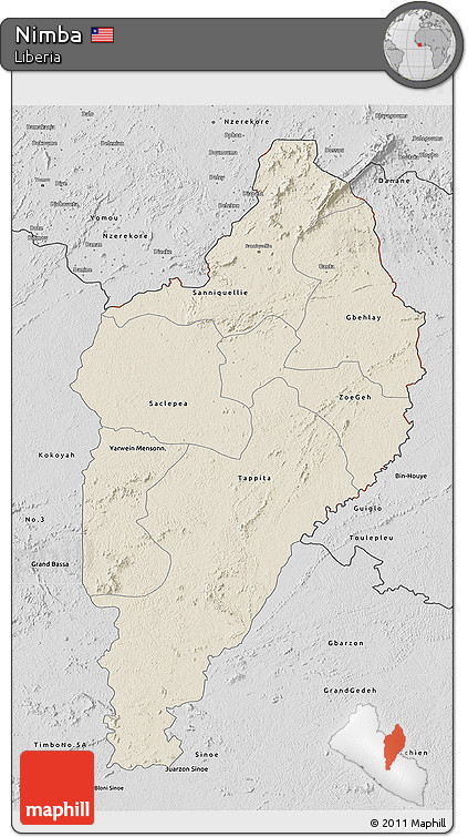 Shaded Relief 3D Map of Nimba, desaturated