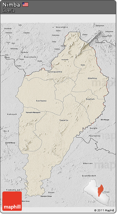 Shaded Relief 3D Map of Nimba, desaturated