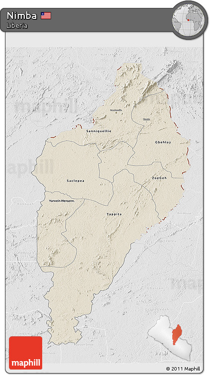 Shaded Relief 3D Map of Nimba, lighten, desaturated
