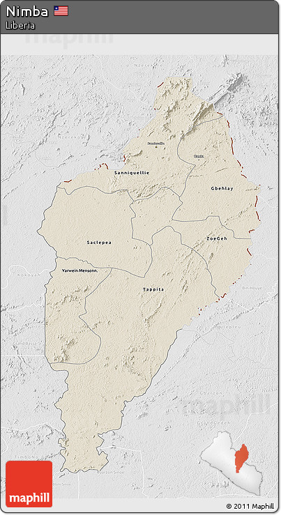 Shaded Relief 3D Map of Nimba, lighten, desaturated