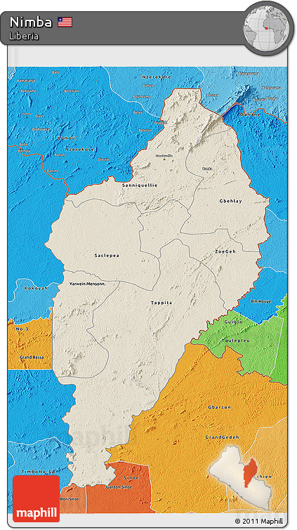 Shaded Relief 3D Map of Nimba, political shades outside