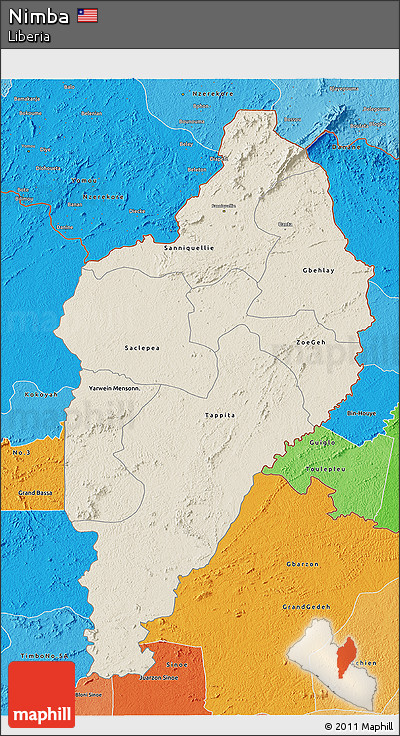 Shaded Relief 3D Map of Nimba, political shades outside