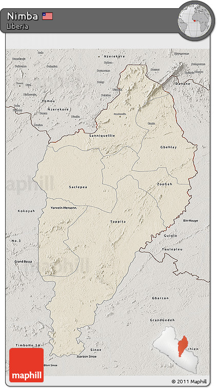 Shaded Relief 3D Map of Nimba, semi-desaturated