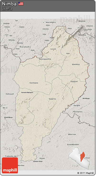 Shaded Relief 3D Map of Nimba, semi-desaturated