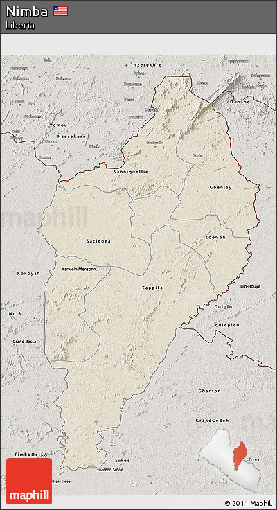 Shaded Relief 3D Map of Nimba, semi-desaturated