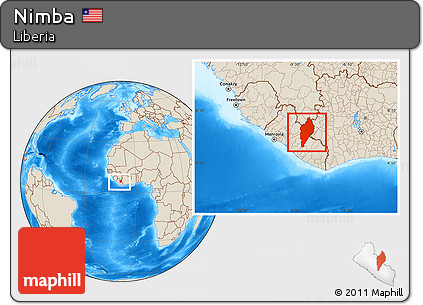Shaded Relief Location Map of Nimba, within the entire country