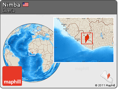 Shaded Relief Location Map of Nimba, within the entire country