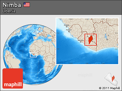 Shaded Relief Location Map of Nimba, within the entire country