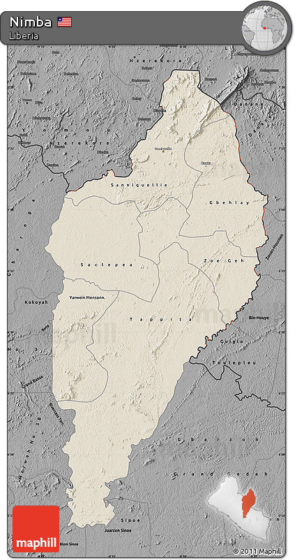 Shaded Relief Map of Nimba, darken, desaturated