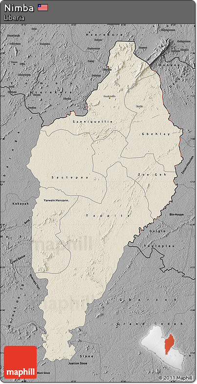 Shaded Relief Map of Nimba, darken, desaturated