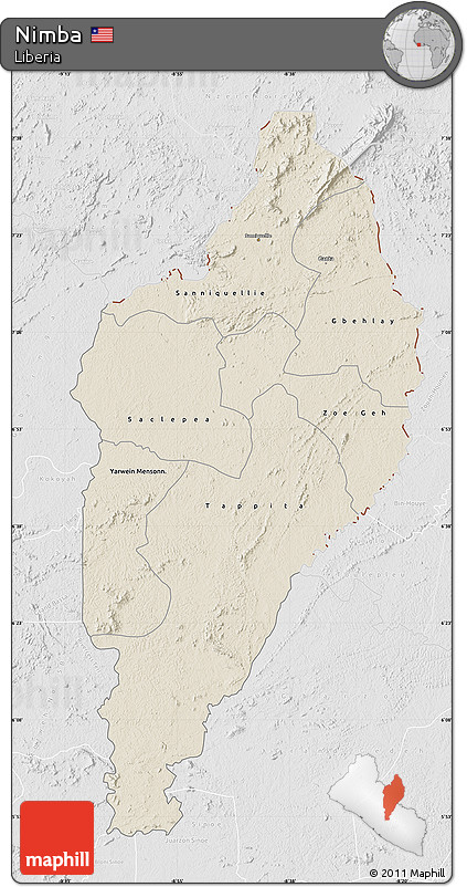 Shaded Relief Map of Nimba, lighten, desaturated