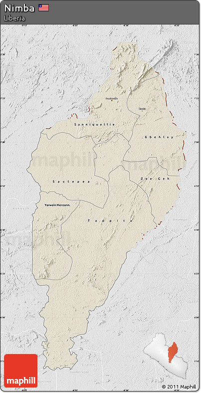 Shaded Relief Map of Nimba, lighten, desaturated